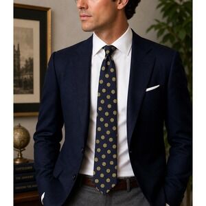 Jim Thompson Thai Silk Tie Navy Gold Geometric 3.5" Mens Necktie